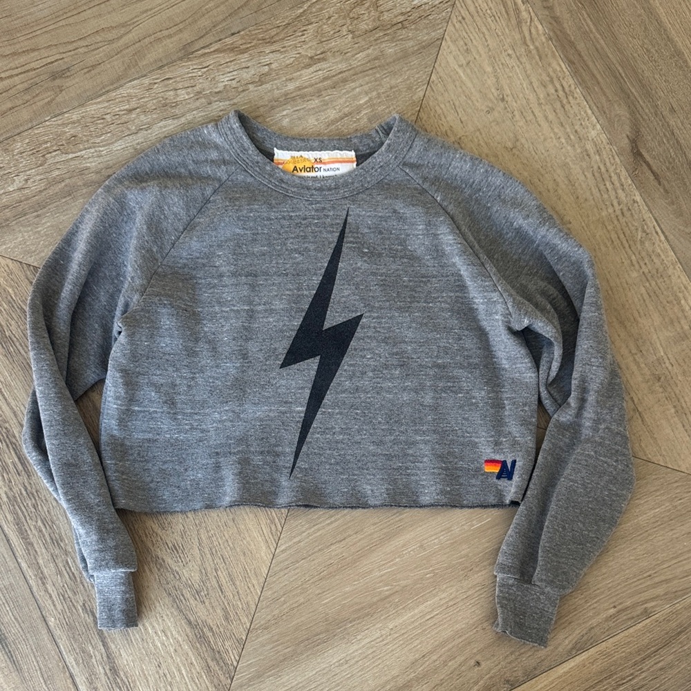 Aviator Nation Gray Sweatshirt with Black Lightning Bolt